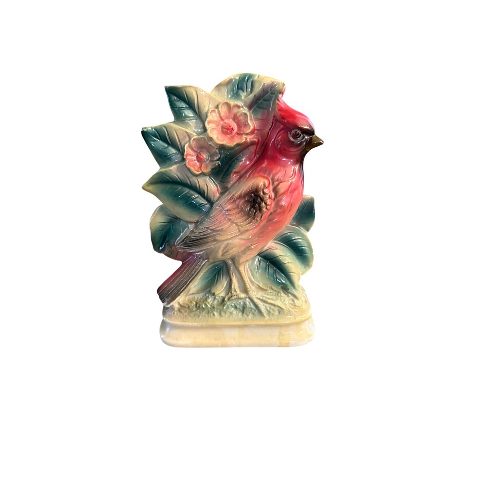 Vintage Ceramic Red Cardinal Bird Figurine Pink Flowers Green Leaves 7.5 Inch